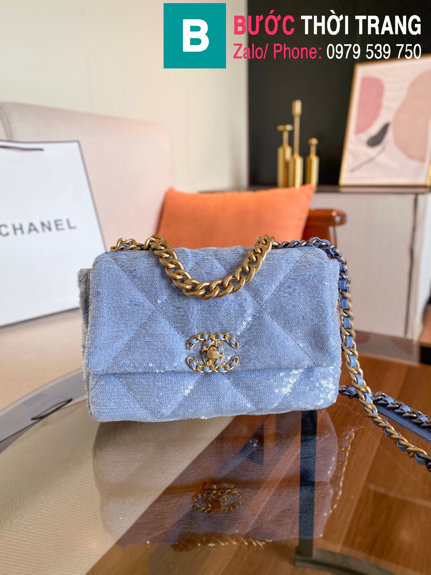 Chanel 19 Flap Bag Quilted Denim Medium Blue 609691