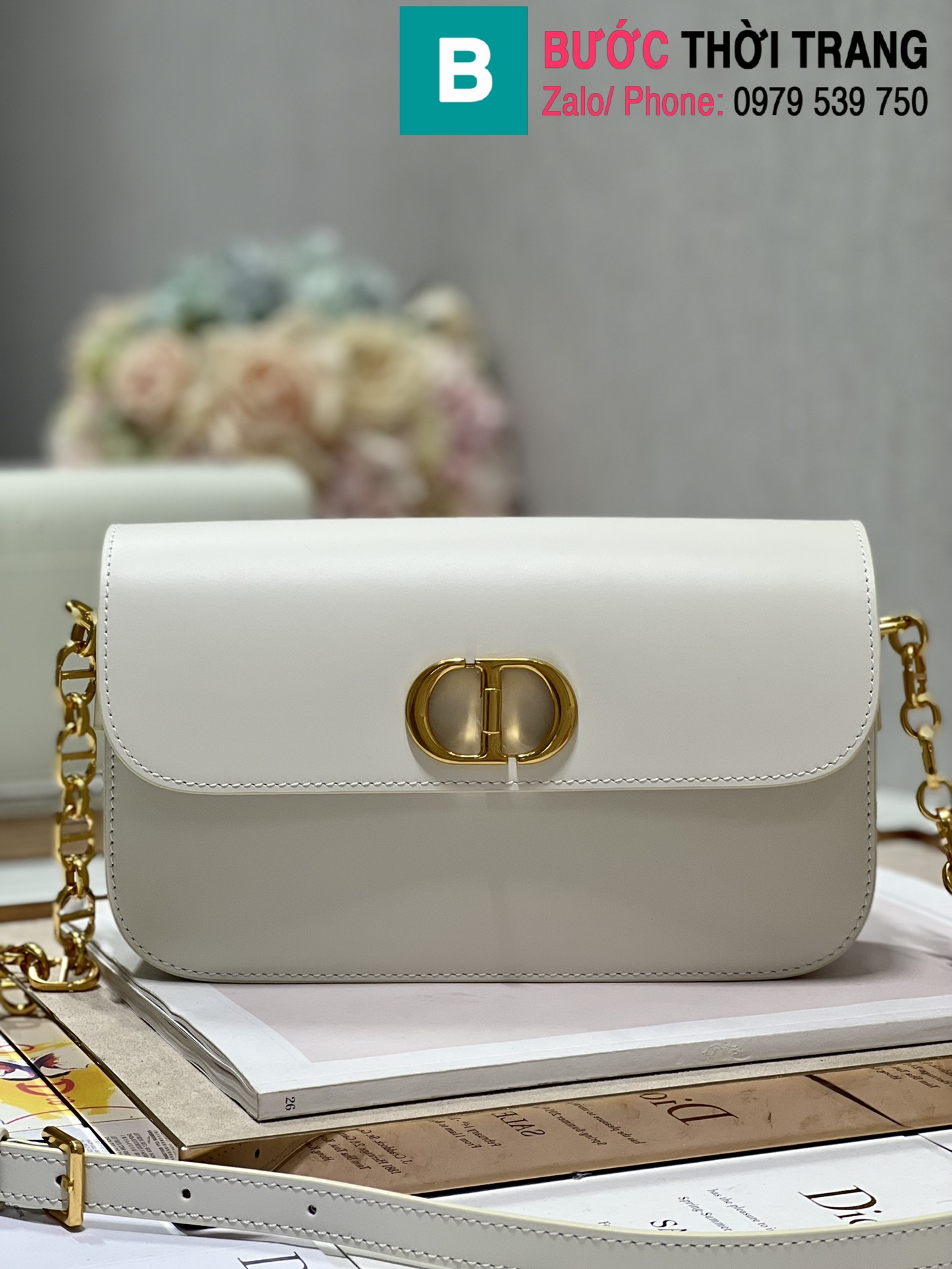 Christian Dior White Grained Calfskin Leather Montaigne 30 Flap Bag   Yoogis Closet